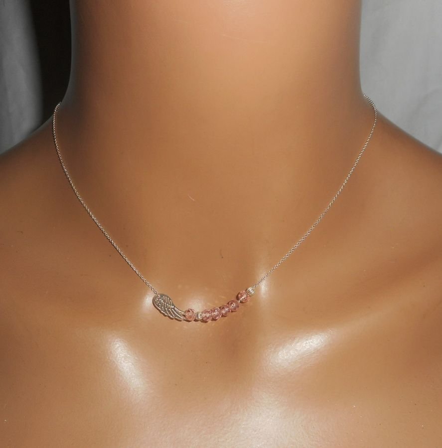 925 silver choker necklace with small wing and pink crystal beads