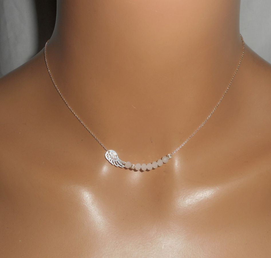 925 silver choker necklace with small wing and white crystal beads