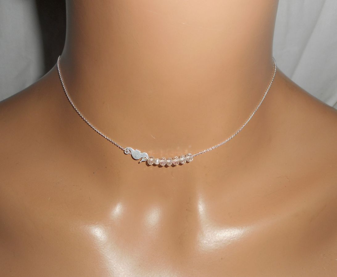 925 silver choker necklace with small seahorse and crystal beads