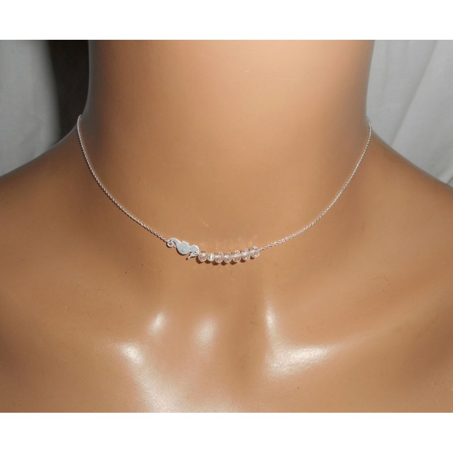 925 silver choker necklace with small seahorse and crystal beads