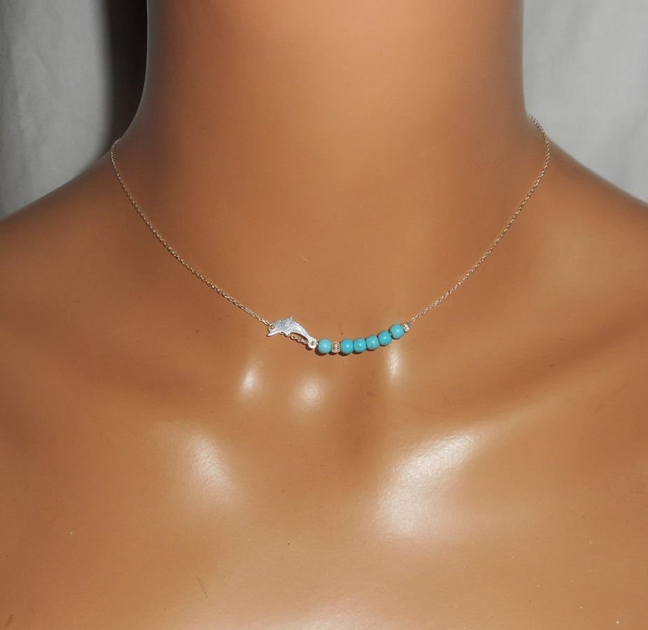 925 silver choker necklace with small dolphin and turquoise stones