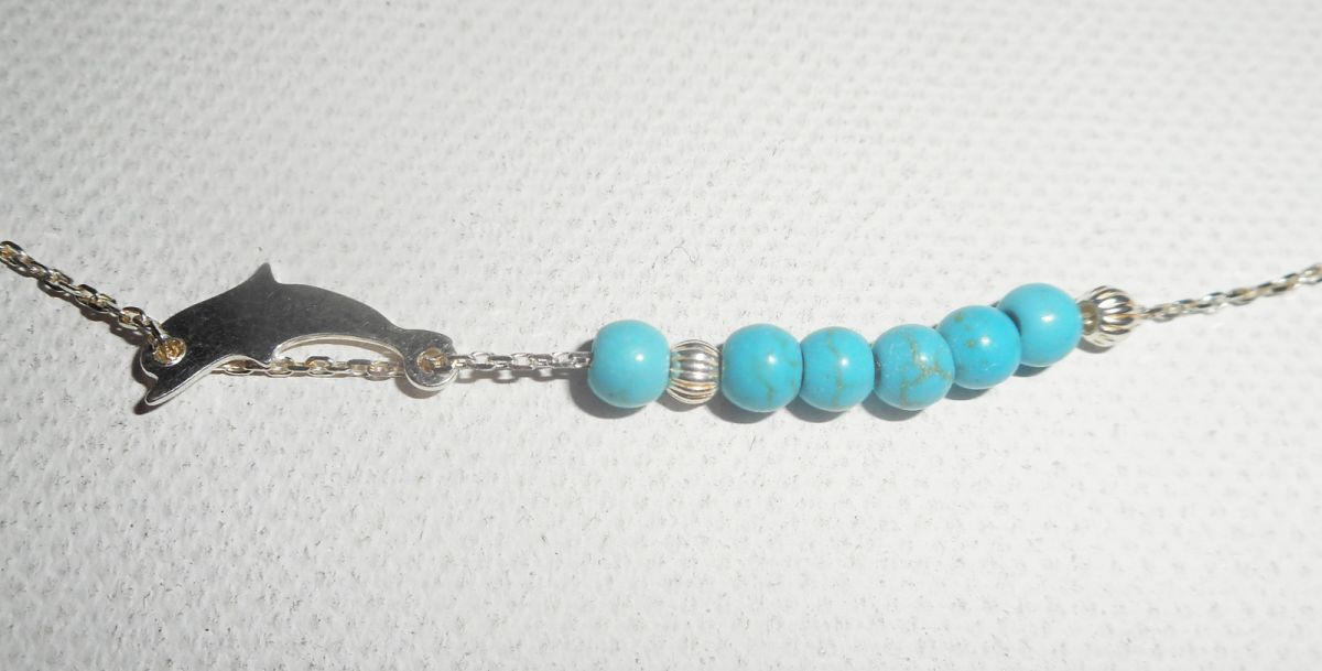 925 silver choker necklace with small dolphin and turquoise stones