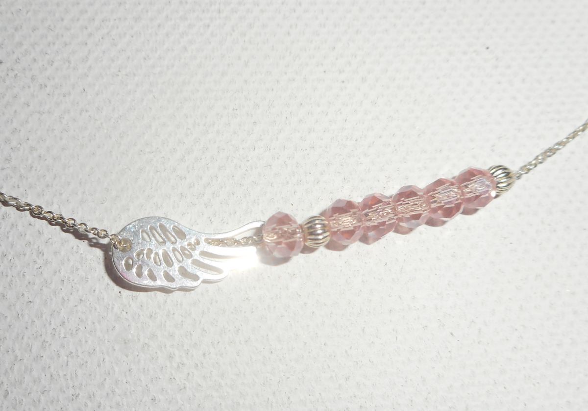 925 silver choker necklace with small wing and pink crystal beads