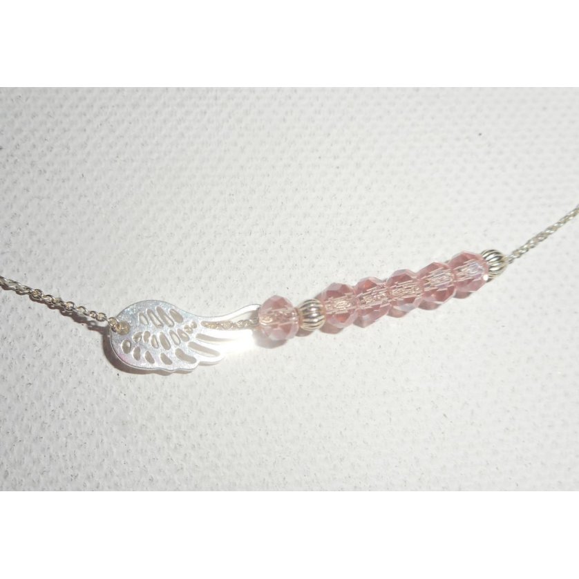 925 silver choker necklace with small wing and pink crystal beads