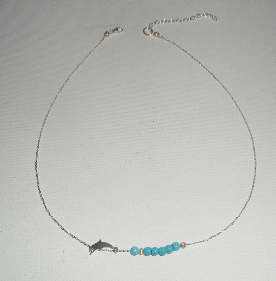 925 silver choker necklace with small dolphin and turquoise stones