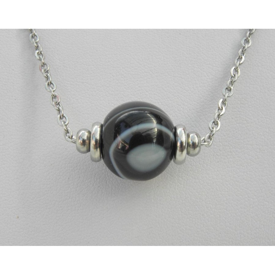 Solitaire necklace with marbled black agate stone and stainless steel beads