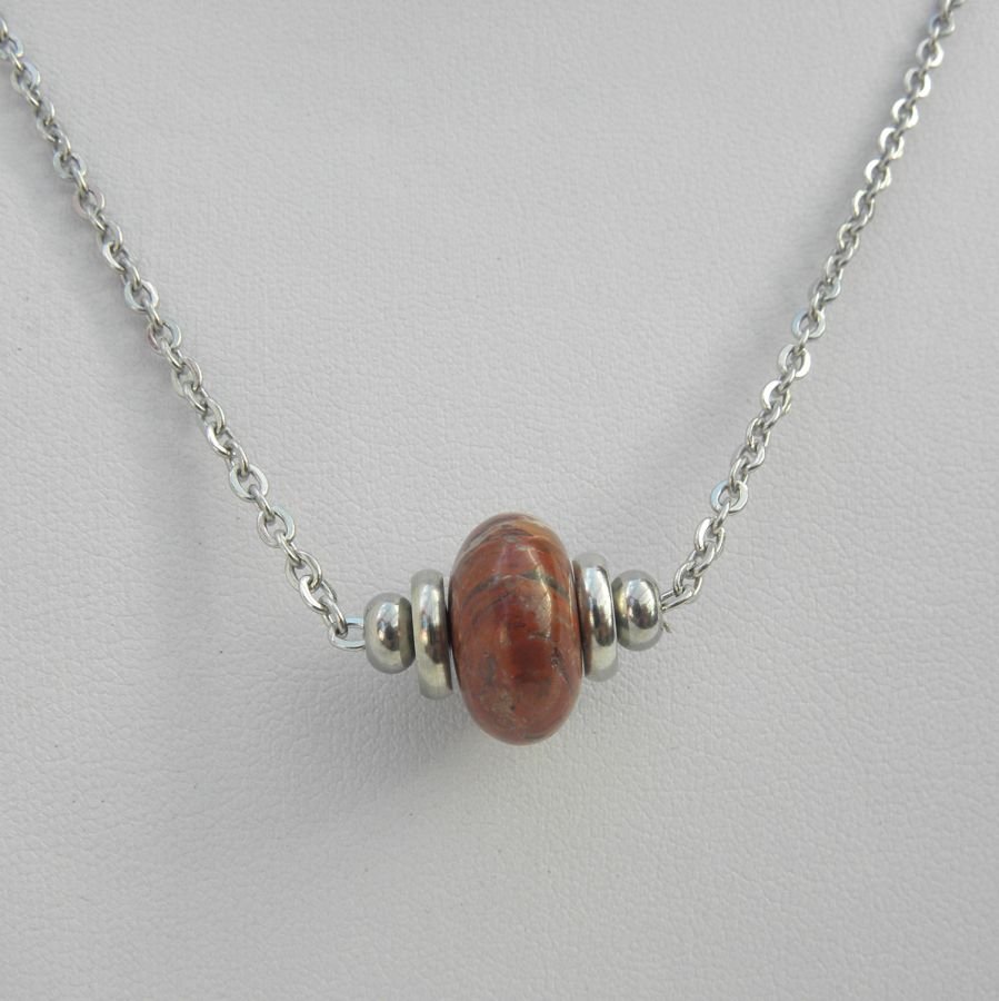 Solitaire necklace with brown round jasper stone and stainless steel beads