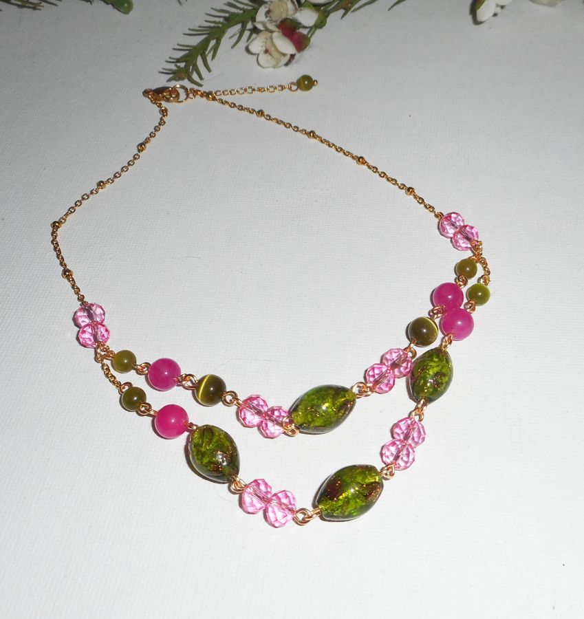 Murano Glass and pink and green crystal necklace on steel chain