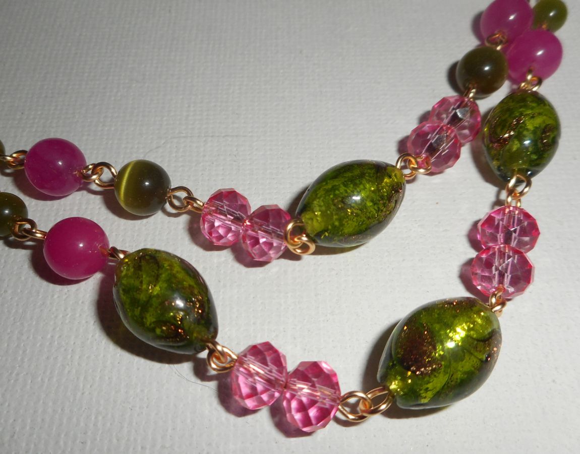 Murano Glass and pink and green crystal necklace on steel chain