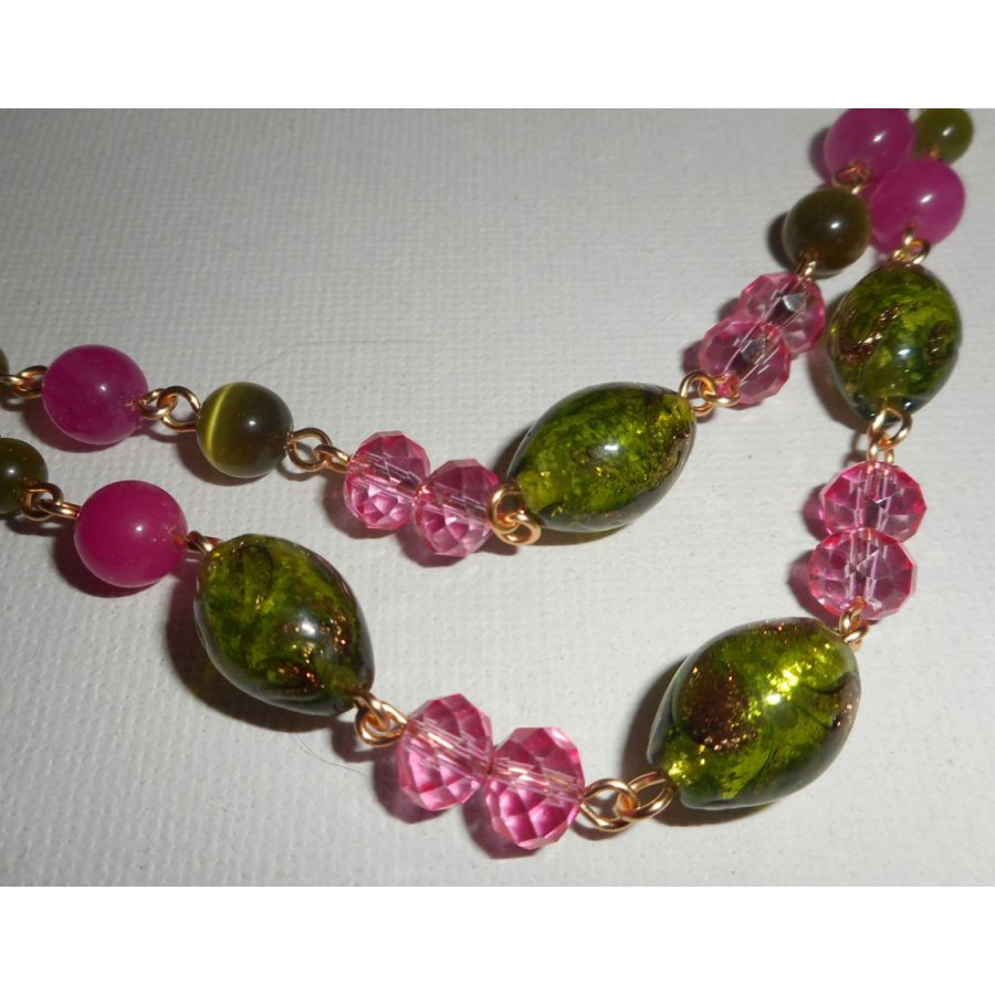 Murano Glass and pink and green crystal necklace on steel chain