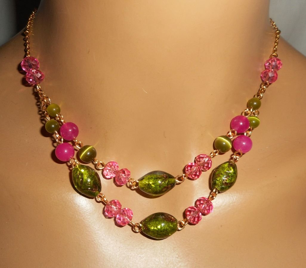 Murano Glass and pink and green crystal necklace on steel chain