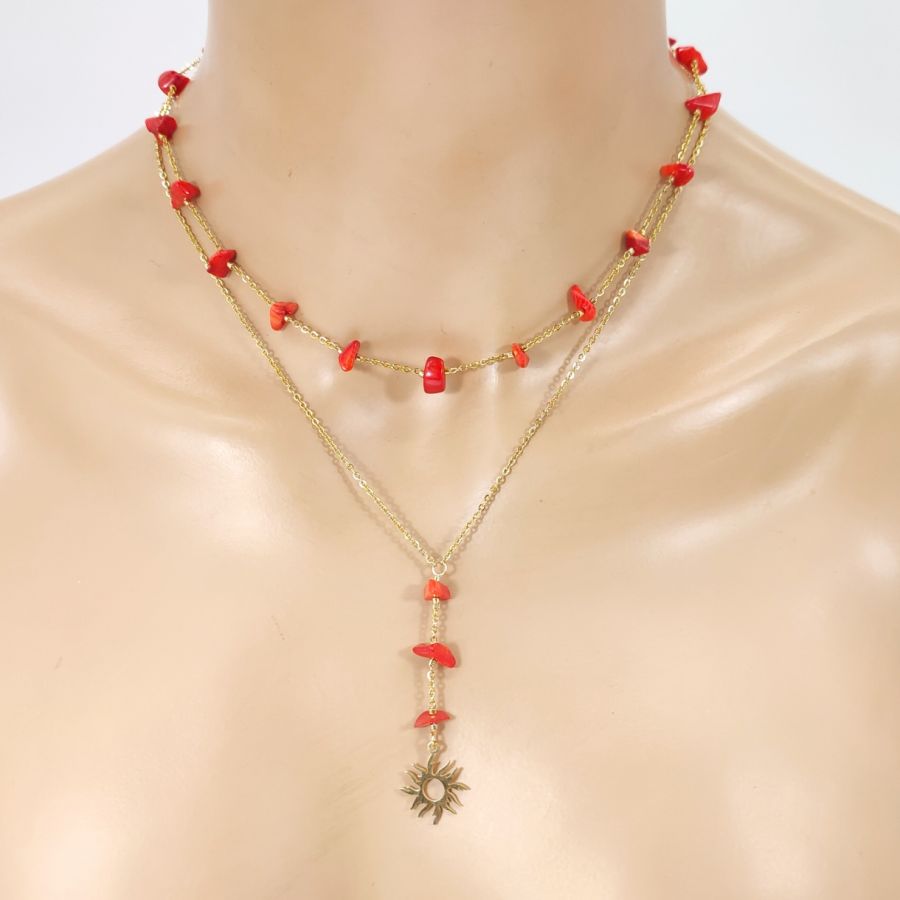  Double row necklace with red gorgon and sun