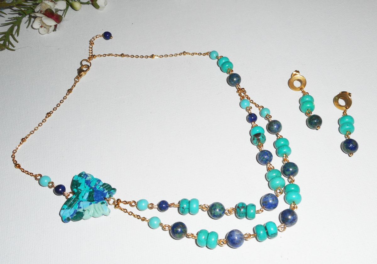 Necklace set Lapis Lazzuli and Turquoise stones with butterfly