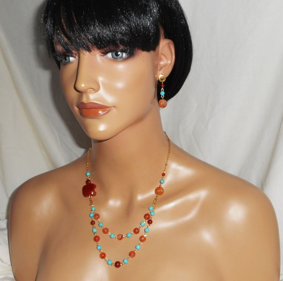 Turtle necklace set with carnelian and turquoise stones 