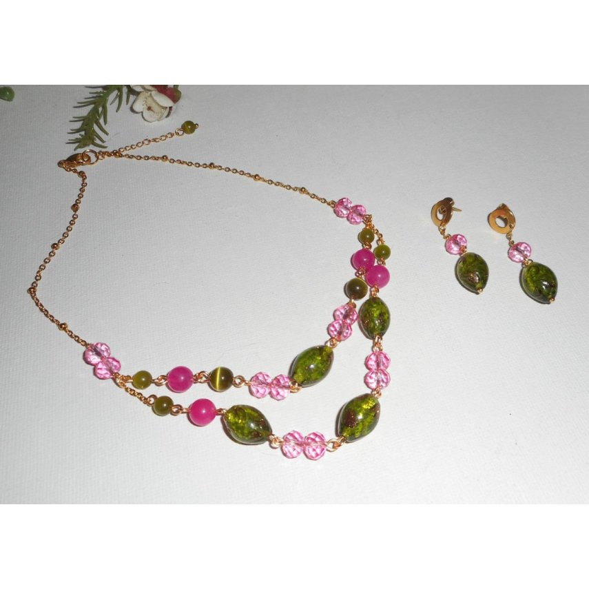 Parure Collier en Verre de Murano et cristal rose et vert sur chaine en acier