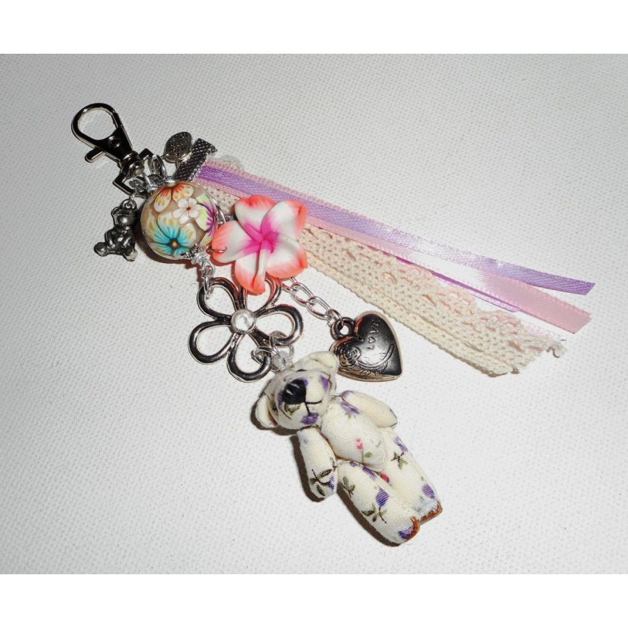 Keychain/Bear bag jewelry with multicolored floral beads and ribbons