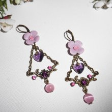 Purple flower earrings with heart tassels and pink beads