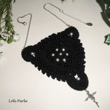 Black crocheted necklace with embroidered beads and cross