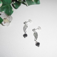 Black crystal bead earrings with wing on 925 silver studs