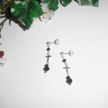 Black crystal beads earrings with cross on 925 silver studs