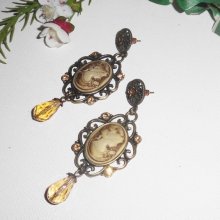 Brown cameo earrings with Swarovski crystal