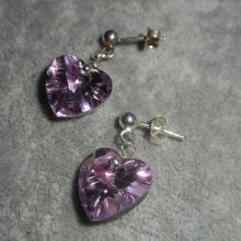 Purple heart earrings with Swarovski crystal on 925 silver studs