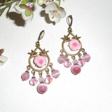 Birds and roses earrings on bronze sleeper