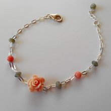 Labradorite and coral stone bracelet with rose on 925 silver chain