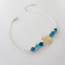 Small blue agate stones bracelet with clover on 925 silver chain